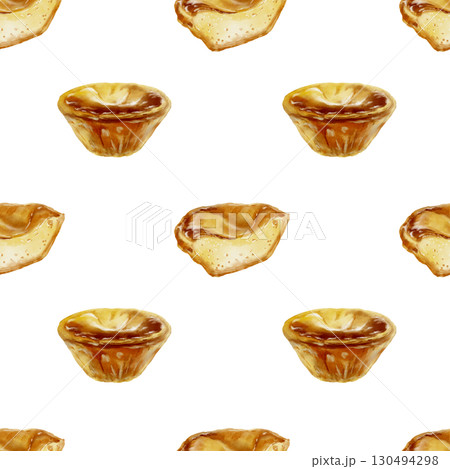 Halved and whole pastel de nata with creamy custard-traditional Portuguese dessert in seamless pattern.Egg custard baked in puff pastry shell at high oven temperature.Watercolor illustration on white 130494298