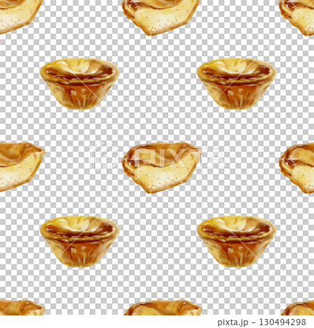 Halved and whole pastel de nata with creamy custard-traditional Portuguese dessert in seamless pattern.Egg custard baked in puff pastry shell at high oven temperature.Watercolor illustration on white 130494298