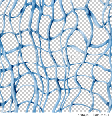 Seamless fishing net pattern in monochrome blue watercolor.Hand-painted with fluid washes and simple style,evoking the ocean.For marine parties,packaging,and coastal design projects 130494304