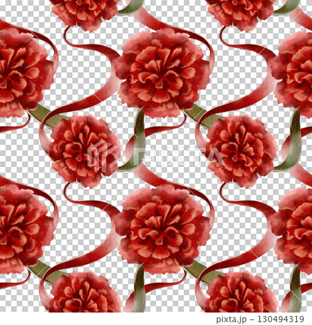 Portuguese revolution of carnations symbols red flower with ribbons colored national flag symbolizing freedom,peaceful change in the nation's life,and democracy.Watercolor hand drawn seamless pattern 130494319