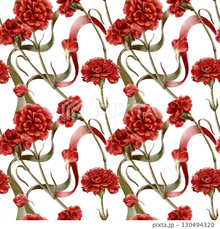 Portuguese revolution of carnations symbols red flower with ribbons colored national flag symbolizing freedom,peaceful change in the nation's life,and democracy.Watercolor hand drawn seamless pattern 130494320