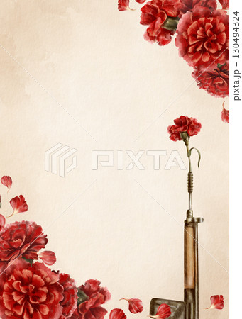 Template for poster of Portuguese revolution of carnations,symbols red carnation flower inside a rifle barrel,symbolizing the peaceful revolution.Watercolor illustration on vintage background 130494324
