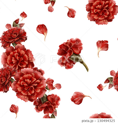 Red carnation flower in seamless pattern as a symbol of mothers day,love,passion,valentine's day confessions. Watercolor hand-drawn illustration in vintage style as element for card,paper 130494325