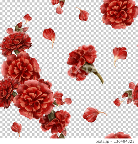 Red carnation flower in seamless pattern as a symbol of mothers day,love,passion,valentine's day confessions. Watercolor hand-drawn illustration in vintage style as element for card,paper 130494325