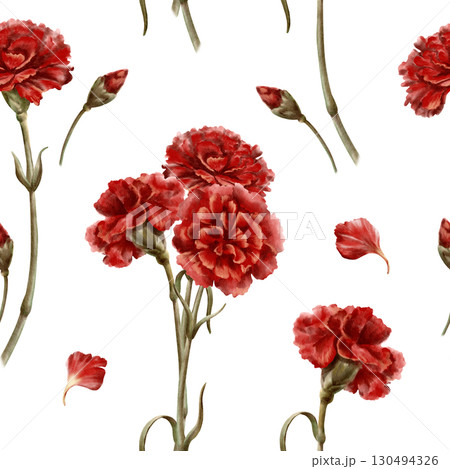 Red carnation flower in seamless pattern as a symbol of mothers day,love,passion,valentine's day confessions. Watercolor hand-drawn illustration in vintage style as element for card,paper 130494326