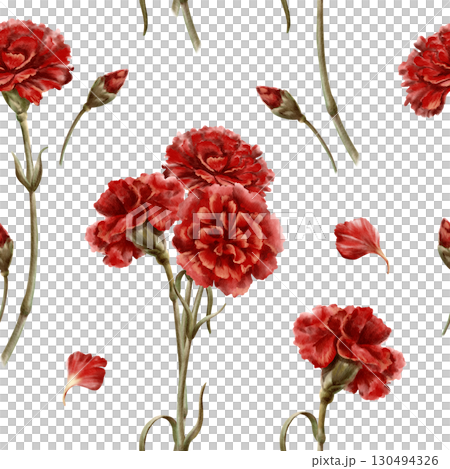 Red carnation flower in seamless pattern as a symbol of mothers day,love,passion,valentine's day confessions. Watercolor hand-drawn illustration in vintage style as element for card,paper 130494326