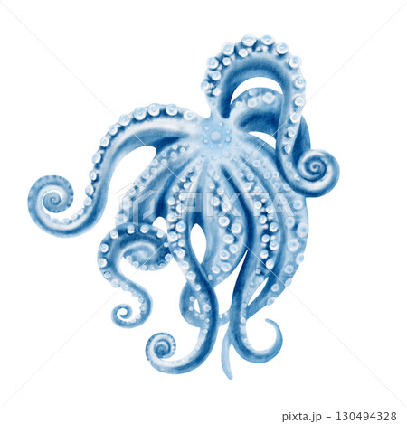 Monochrome blue octopus swims in mysterious deep water.Fluid watercolor illustration in minimalism.For marine themes and design projects.Hand-drawn isolated illustration  130494328