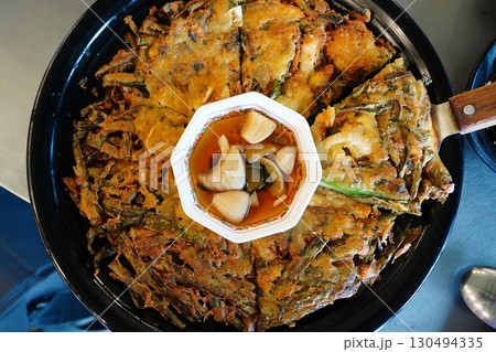 Korean Seafood Pancake (Pajeon) with Dipping Sauce, Delicious Korean Cuisine 130494335