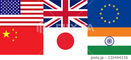 Flags of Major Global Powers Displayed Together. National flags of the USA, UK, EU, China, Japan, and India. Flags of Major Global Powers Displayed Together. National flags of the USA, UK, EU, China, Japan, and India. 130494338