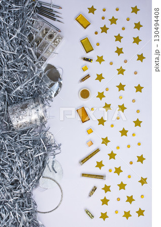 Golden and silver party decoration. Warm holiday golden and silver glow background. 130494408
