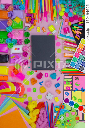 Flat lay trendy stylish stationery. Top view of colorful stationery and art supplies. Space for lettering. Flat lay trendy stylish stationery. Top view of colorful stationery and art supplies. Space for lettering. 130494696