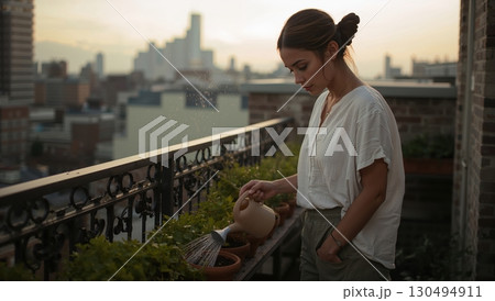 Woman waters herbs on balcony overlooking sunset skyline with serene mood 130494911