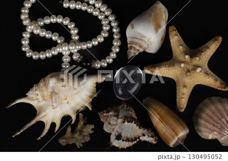 Beautiful seashells with white pearls on a black background. Beautiful seashells with white pearls on a black background. 130495052