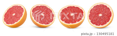 Grapefruit halves isolated. Half of pink grapefruit with clipping path. Citrus piece collection cut out. Grapefruit halves isolated. Half of pink grapefruit with clipping path. Citrus piece collection cut out. 130495181