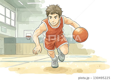 バスケットボールでドリブルする男子選手 130495225