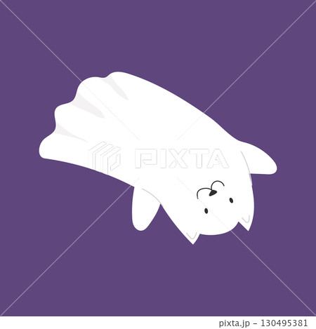 An illustration of a silly cat ghost on a purple background. Cute Halloween character 130495381