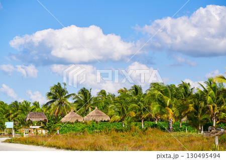 Holbox island palm tree huts Mexico 130495494