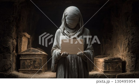 Female mummy wrapped in bandages holding blank wooden sign for text and message in ancient tomb. Creepy Halloween background. Mockup with ghost 130495954
