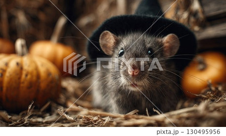 A cute rat wearing a black witch hat sits among pumpkins and straw, creating a whimsical and festive Halloween atmosphere in a rustic setting 130495956