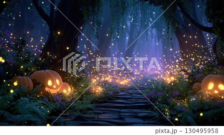 Enchanted forest path glowing with jack-o-lanterns and sparkling lights, creating a magical Halloween night atmosphere full of mystery and wonder 130495958