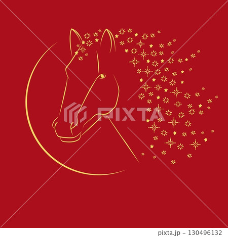 Symbol of Chinese New Year 2026. Lunar calendar animal, horse zodiac sign. Gold horse with a mane of snowflakes on red background. Greeting card design 130496132