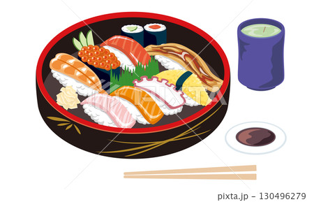 寿司桶とお茶の和食セットイラスト 寿司桶とお茶の和食セットイラスト 130496279