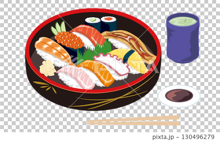 寿司桶とお茶の和食セットイラスト 寿司桶とお茶の和食セットイラスト 130496279