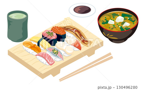 寿司盛台とお茶・味噌汁の和食セットイラスト 130496280