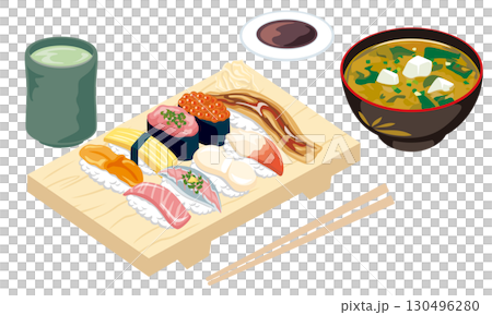 寿司盛台とお茶・味噌汁の和食セットイラスト 130496280