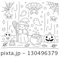 Halloween Coloring page with witch and bat 130496379