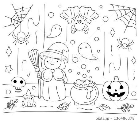Halloween Coloring page with witch and bat Halloween Coloring page with witch and bat 130496379