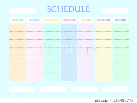 Weekly planner schedule with pastel color-coded days 130496779