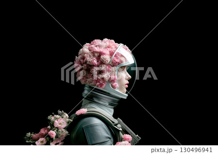 A woman in a flowery space suit 130496941