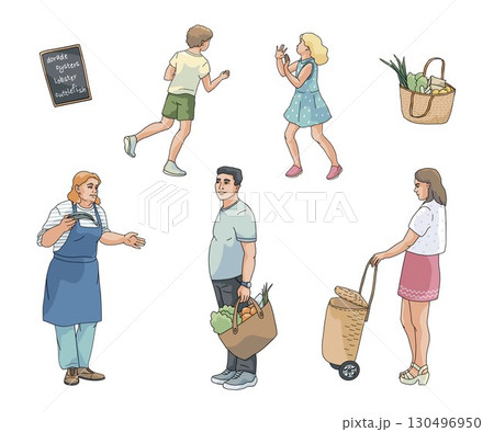 standing isolated peoples shopping at a fish market , man with shopping bag, girl with shopping trolley, woman vendor , kids, hand drawing vector illustration 130496950