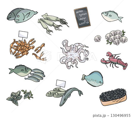 hand-drawn vector illustration of seafood and various fishes 130496955