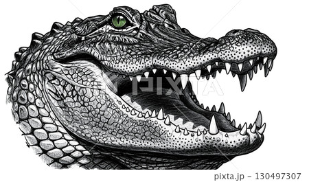 An angry alligator features prominently, showcasing open jaws filled with sharp teeth. The striking black and white design highlights its fierce expression and distinctive textured skin. 130497307