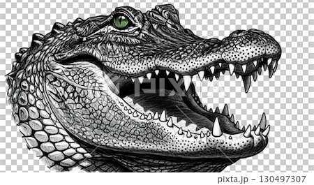 An angry alligator features prominently, showcasing open jaws filled with sharp teeth. The striking black and white design highlights its fierce expression and distinctive textured skin. 130497307