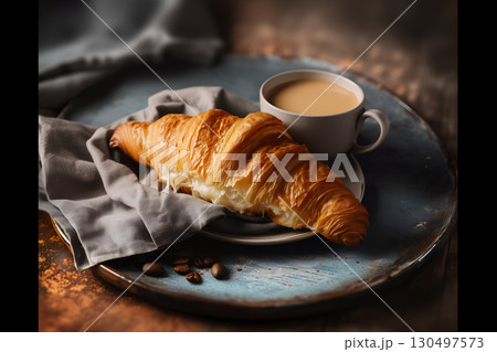 Croissant and Coffee on Rustic Blue Plate 130497573