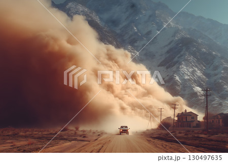 Dust Storm Chasing Car Near Mountain Settlement 130497635