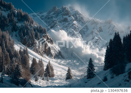 Avalanche Cascading Down Snow-Covered Mountain 130497636