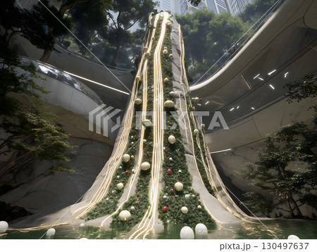 Modern Atrium with Festive Waterfall and Christmas Decor 130497637