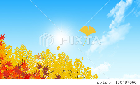 秋の空と紅葉した木 130497660
