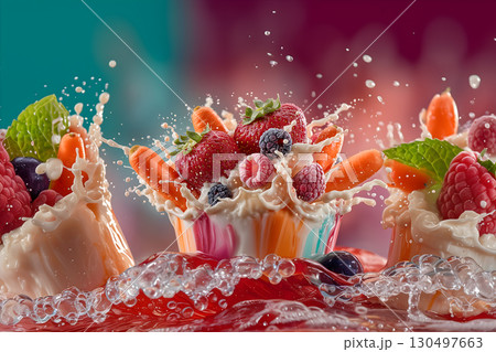 Colorful Dessert Cups with Fruits, Vegetables, and Cream Splash 130497663