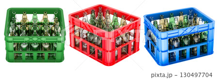 Plastic crates with empty glass bottles, different angles. 3D rendering Plastic crates with empty glass bottles, different angles. 3D rendering 130497704