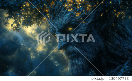Leshy, tree spirit wooden man with branches. Mythical creature. AI fantasy art. Leshy, tree spirit wooden man with branches. Mythical creature. AI fantasy art. 130497758