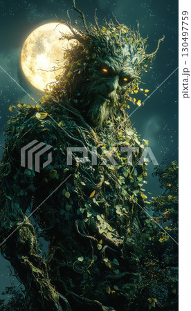 Leshy, tree spirit wooden man with branches. Mythical creature. AI fantasy art. 130497759