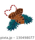 Coniferous branches with pine cones and lollipops in white and red stripes. Christmas composition. Vector illustration for holiday cards, winter designs and seasonal branding. Pine cone, spruce, fir 130498077