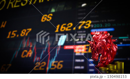 The Red Horse Bust and coins for Business concept 3d Rendering. 130498153