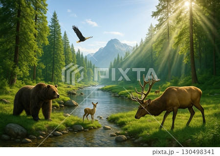 A breathtaking landscape with lush green forests, clean river, wild animals living freely, blue skies, sunlight beams shining through the trees, celebrating the beauty of Earth, ultra-realistic 130498341