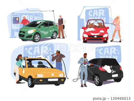 Diverse people characters cleaning automobile in self car wash service cartoon isolated set Diverse people characters cleaning automobile in self car wash service cartoon isolated set 130498813